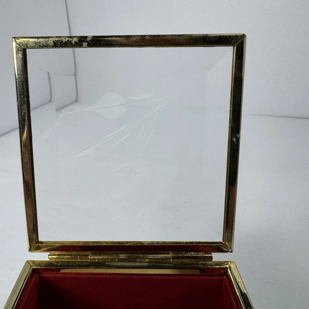 Vintage MELE Beveled Glass Jewelry Trinket Box Etched Rose Red Velvet Taiwan ROC